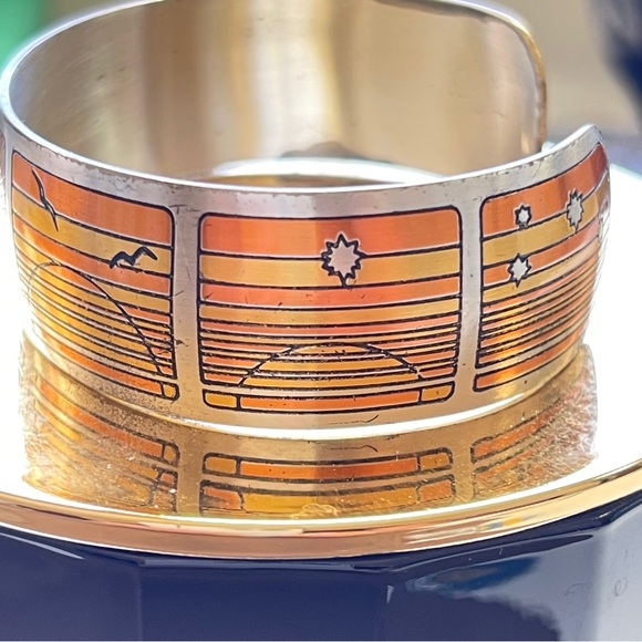 Wistful 70’s Beachy Sailboat Reed & Barton Silver & Orange Metal Cuff Bracelet - Picture 8 of 10